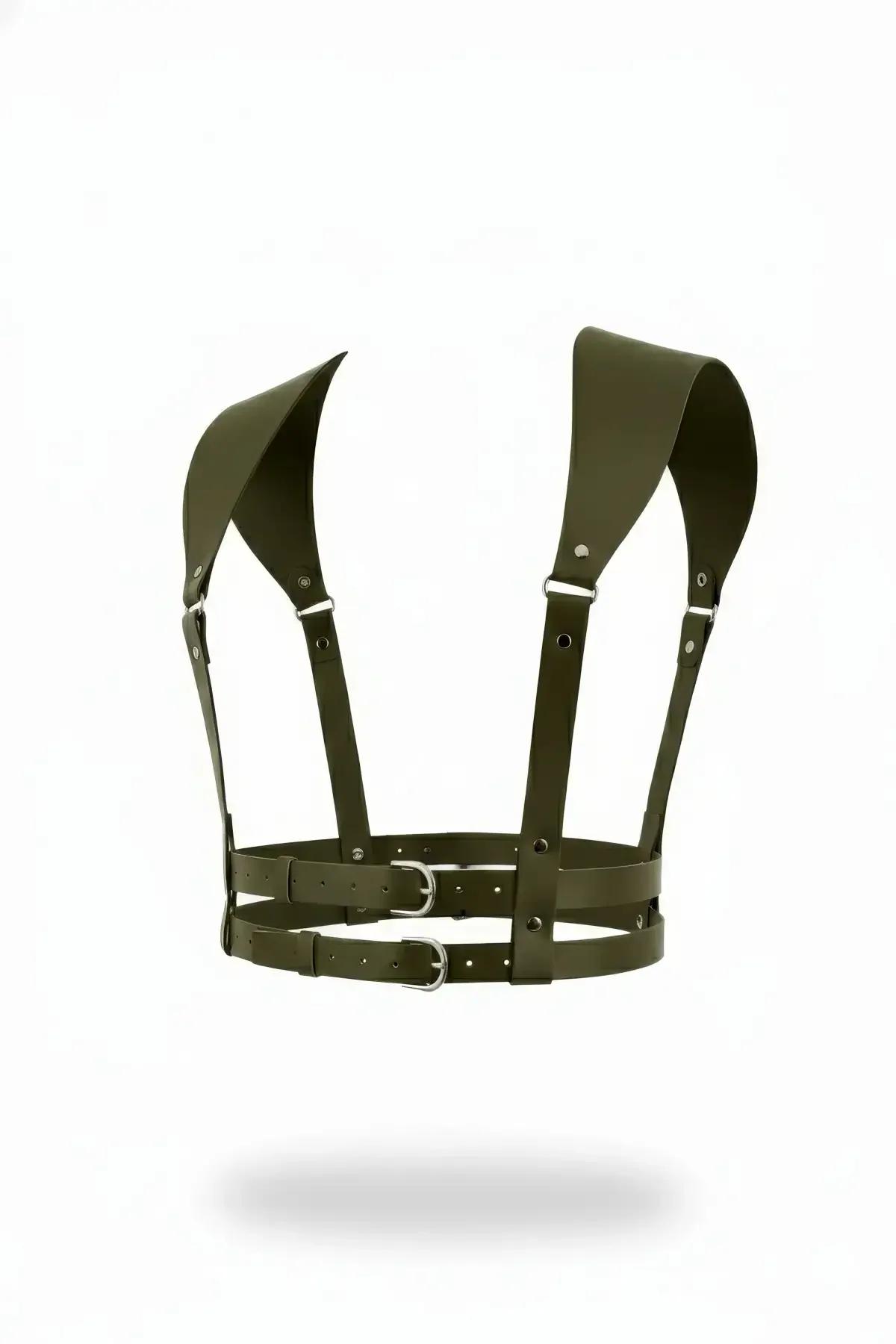 khaki faux leather wide shoulder body harness with dual silver buckle waist bands and structured panels
