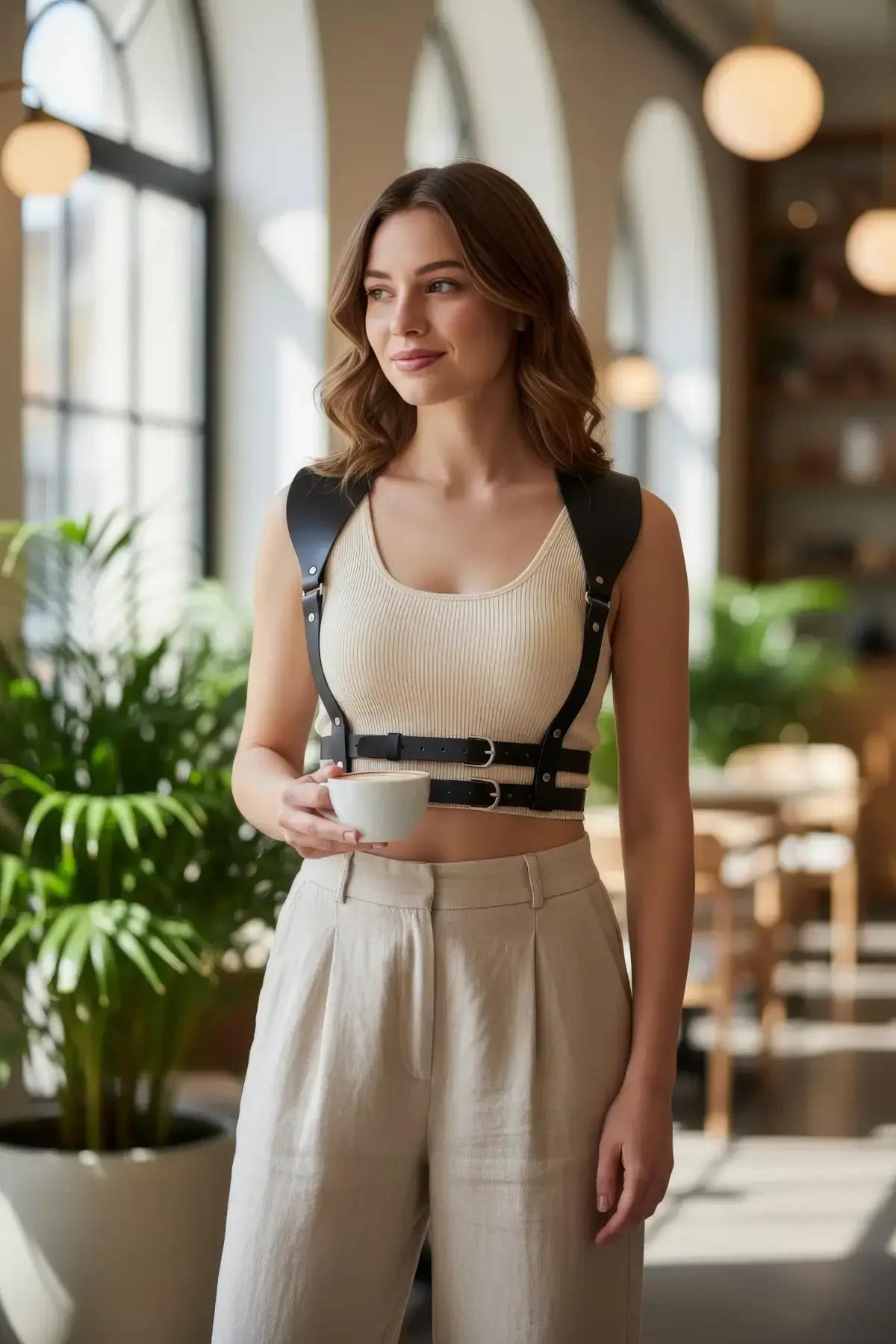 black faux leather shoulder harness styled over white sleeveless top with light blue jeans — full outfit view