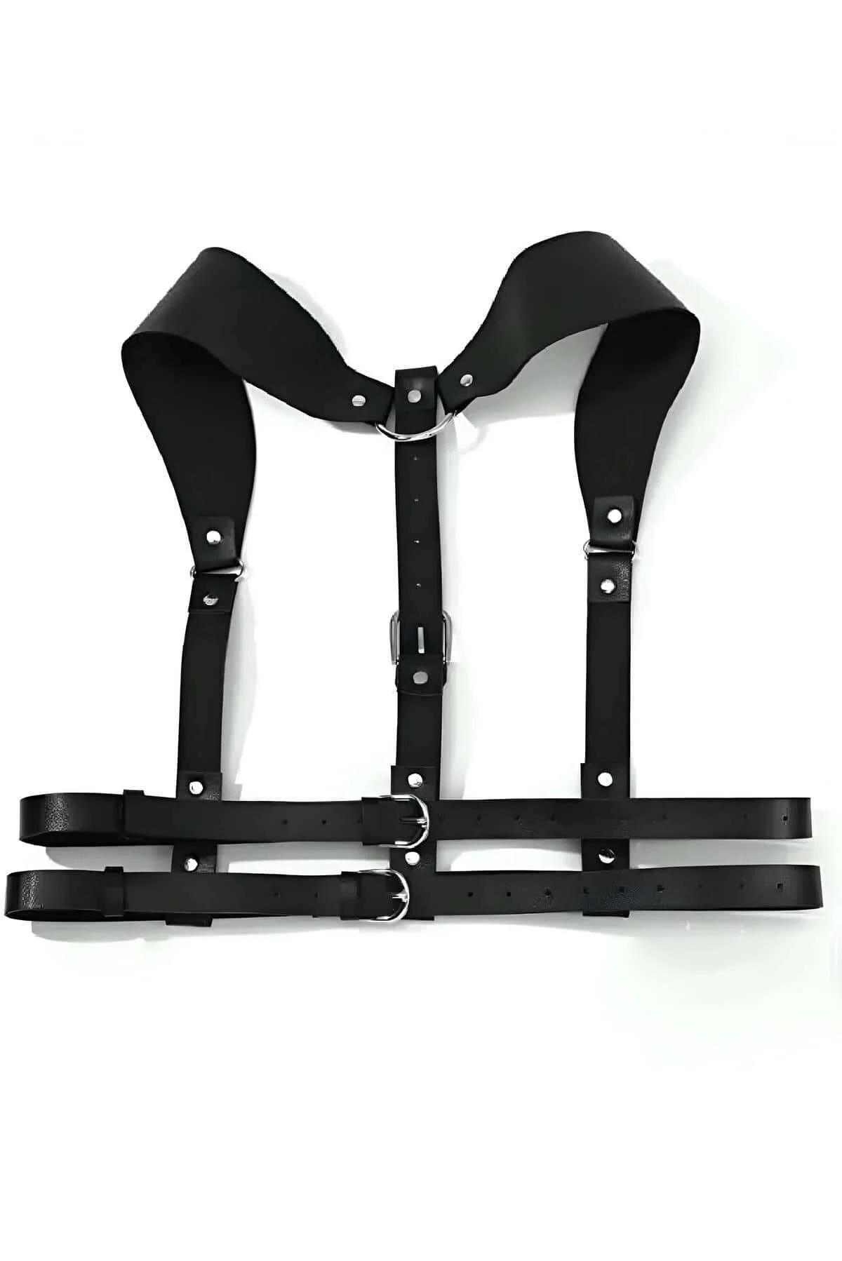 Çift ayarlanabilir gümüş metal tokalı siyah deri bel kemeri harness yakın çekim