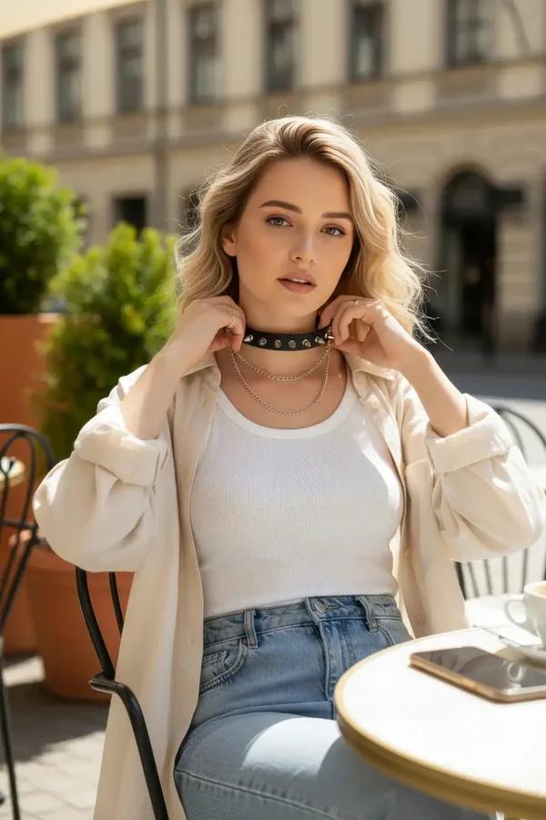 Black faux leather choker necklace with silver metal studs and O-ring worn at throat level
