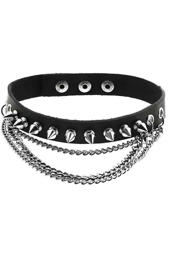 çivili siyah deri choker konik gümüş çiviler ve ince zincir kolye punk boyun aksesuarı