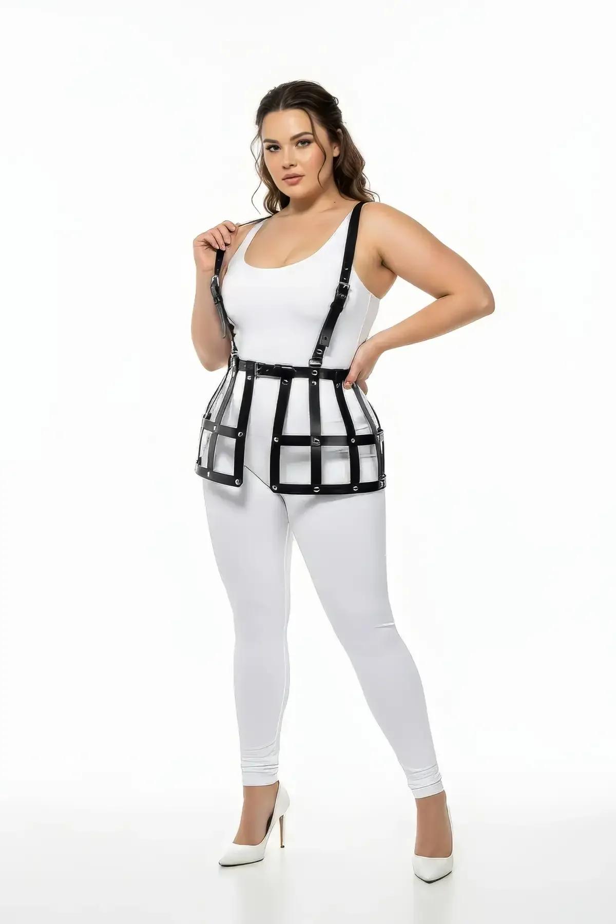 front view black PU leather cage waist harness showing structured grid strap detail and flat-black buckle closures