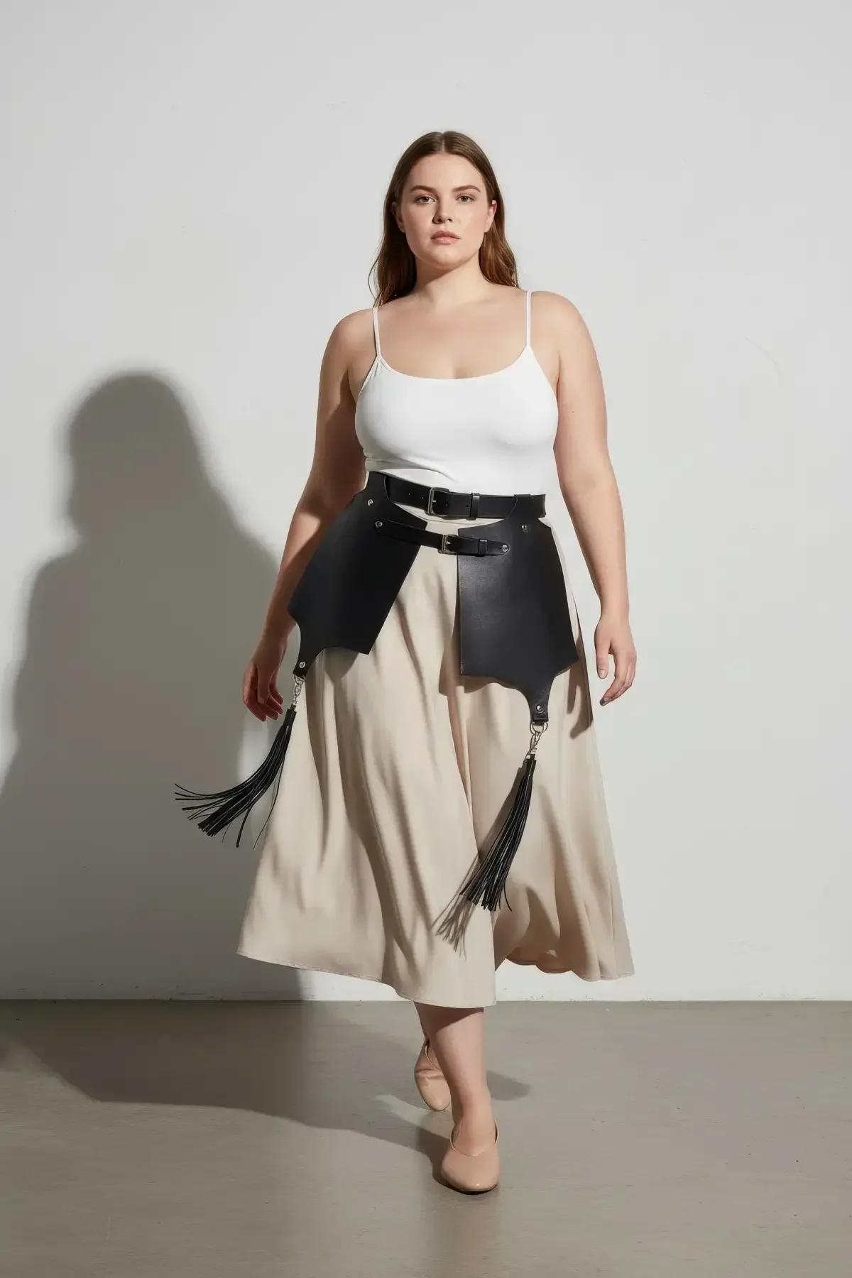 side view of black faux leather waist harness with flared hip panels and dangling tassel fringe
