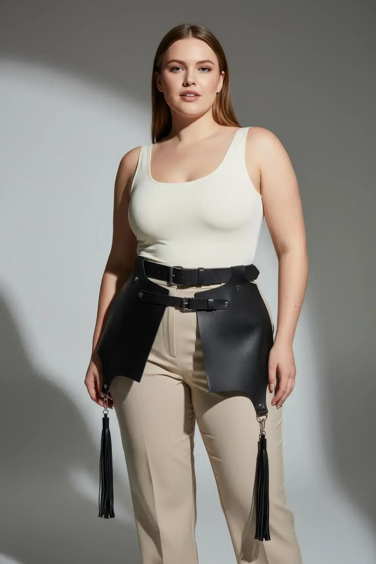 flat lay of black faux leather waist harness showing panel length and tassel strip detail