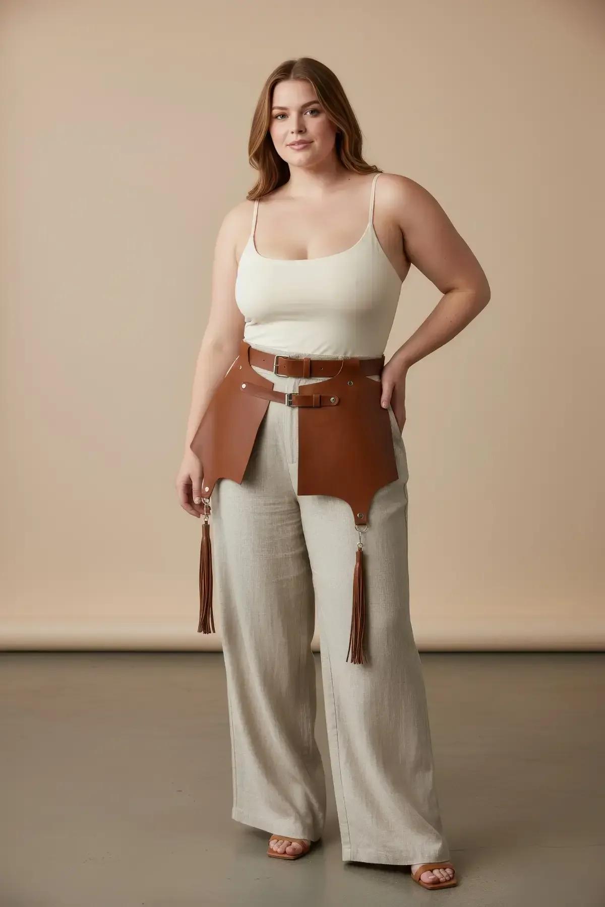 Tan faux leather harness belt back view showing adjustable dual buckle straps and tassel clusters