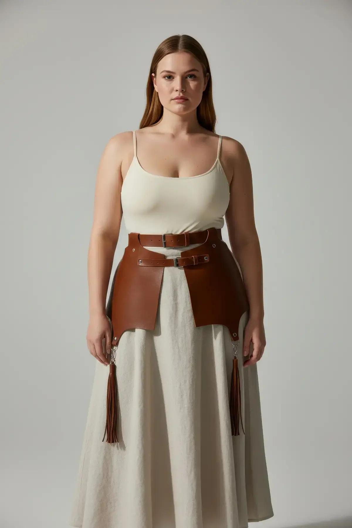 Plus size model wearing tan wide-panel waist harness over white top with beige wide-leg trousers