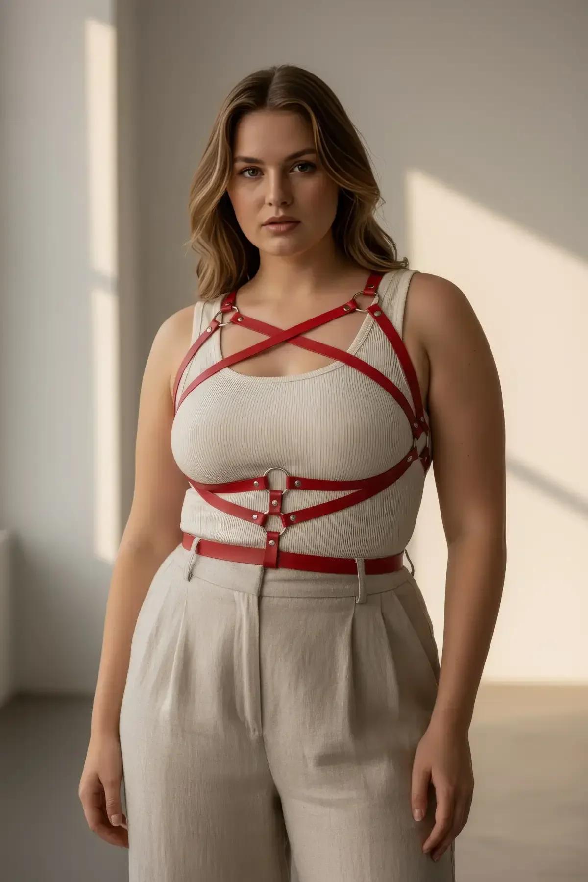 red multi-strap body harness adjusted to plus size torso showing buckle closures
