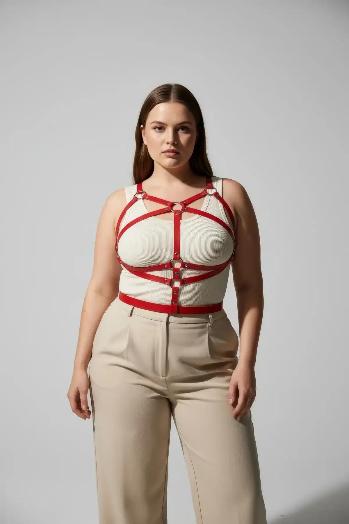 back view of red crisscross harness showing adjustable shoulder strap buckles
