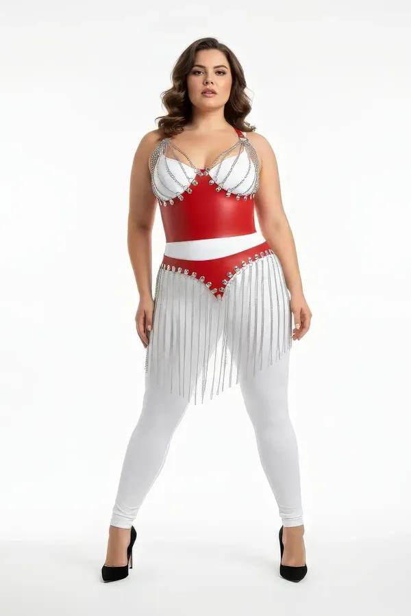 red vegan leather chest harness with white sculpted cups and silver chain fringe skirt overlay front view
