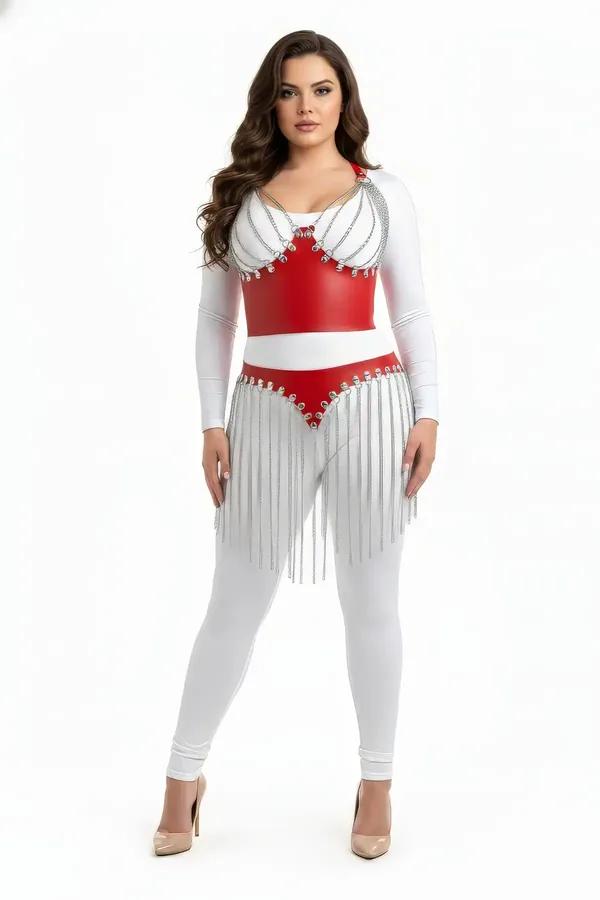 red vegan leather chest harness with white sculpted cups and silver chain fringe skirt overlay front view