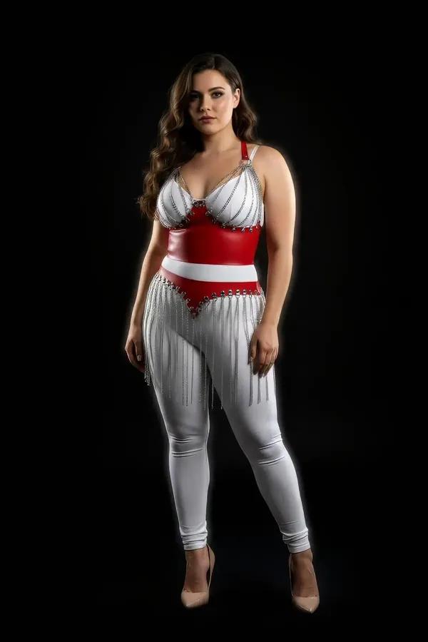 red vegan leather chest harness with white sculpted cups and silver chain fringe skirt overlay front view