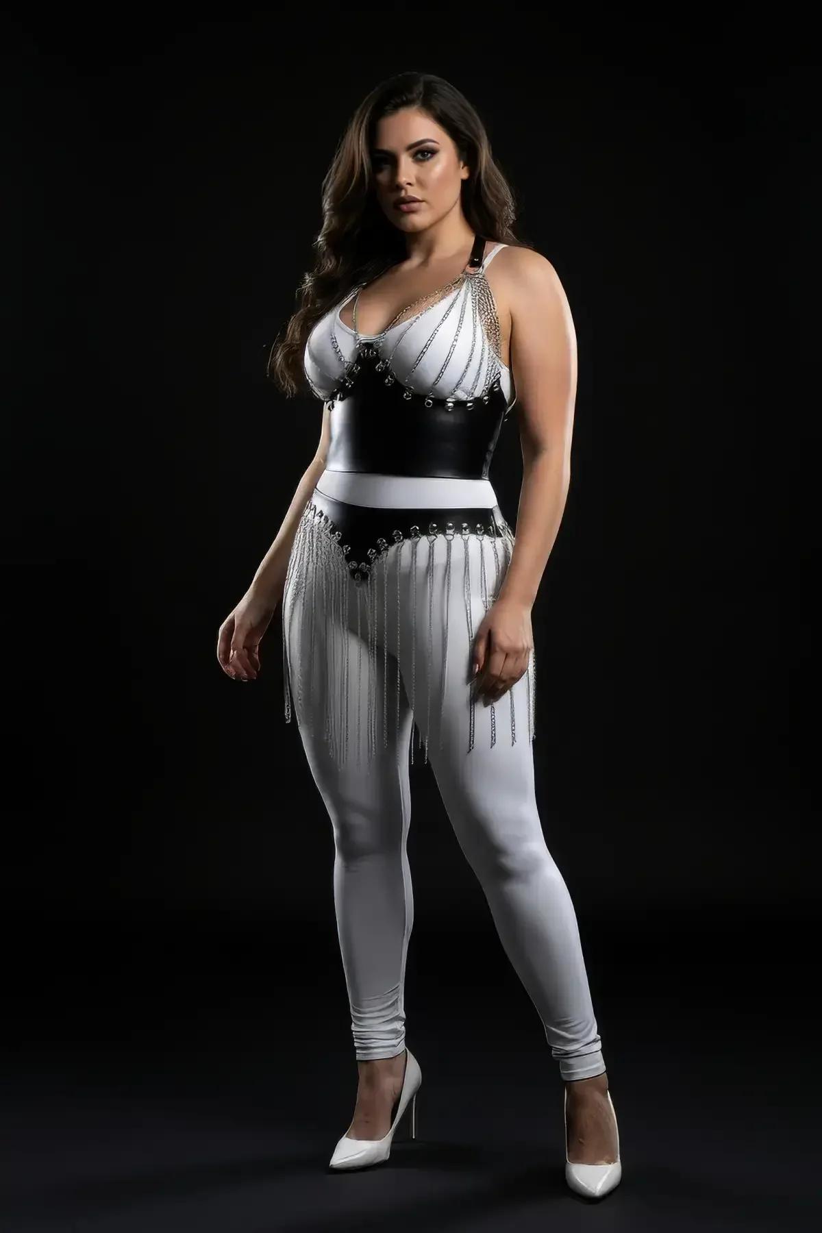 Front view of black vegan leather bustier with looped silver chains across chest panel