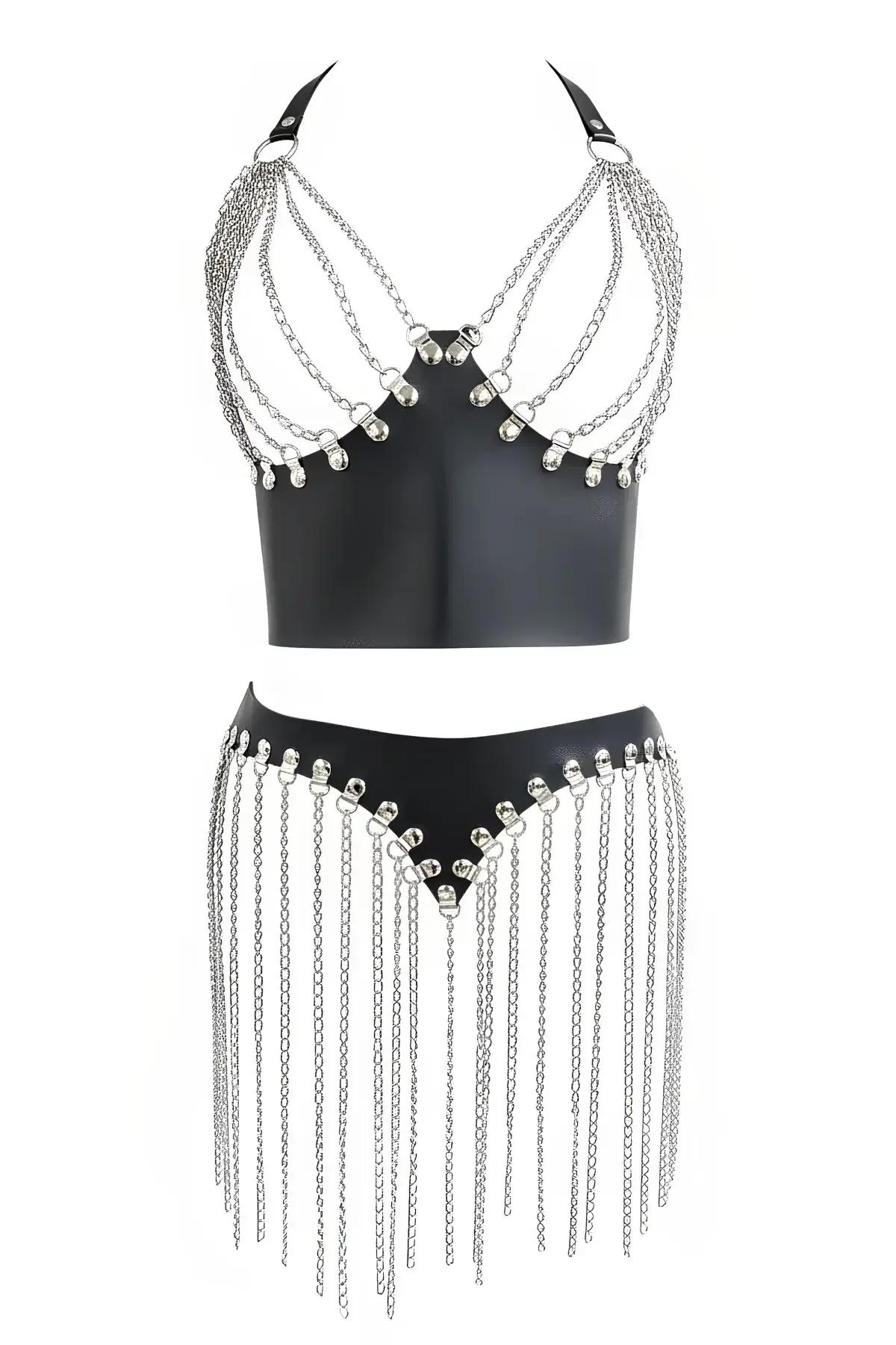 full body white and black chain fringe mini skirt festival outfit with vertical silver chains