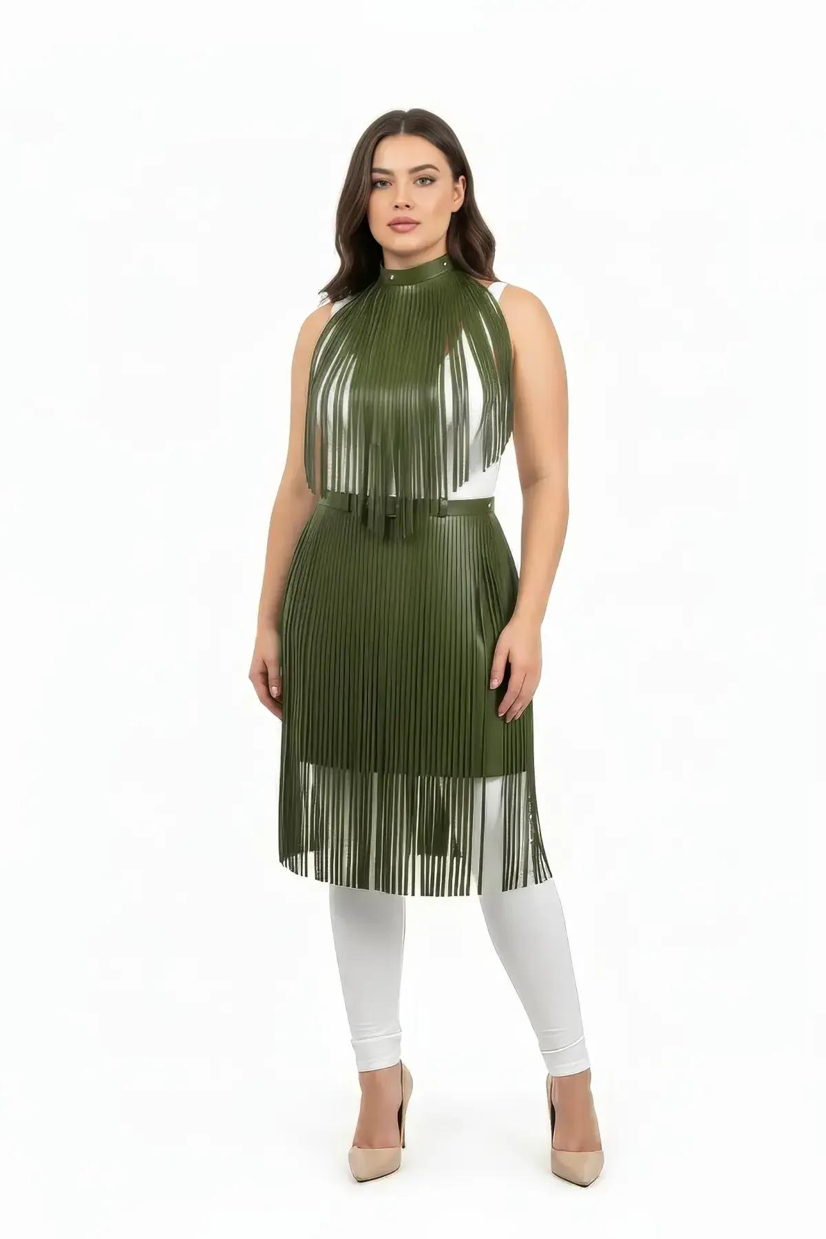 Close-up of olive green faux leather fringe strips with subtle gloss sheen and high halterneck collar detail