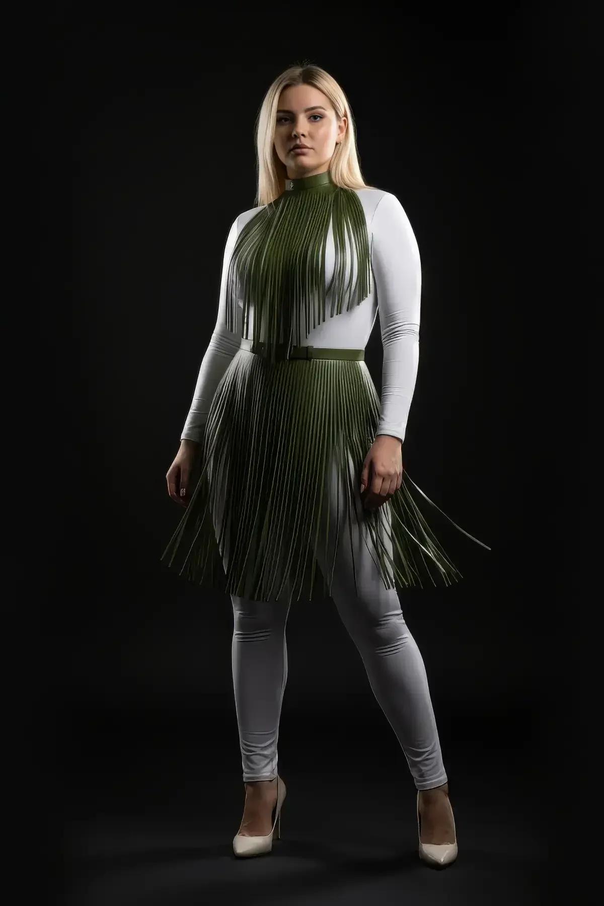 Side view of olive green fringe halterneck top showing fringe movement and adjustable waist belt