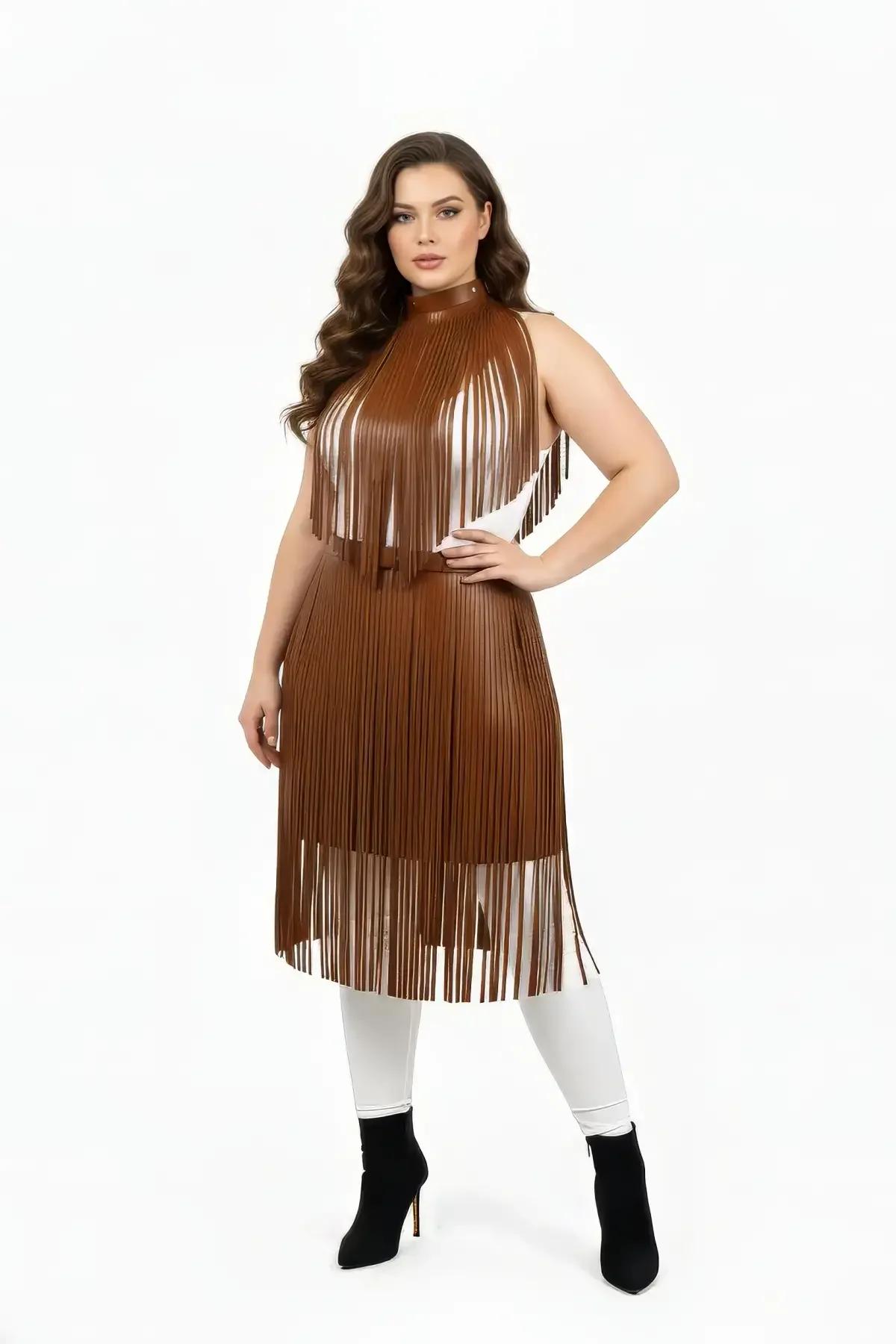 close-up of tan PU faux leather fringe strips 0.6 cm wide on body harness top piece