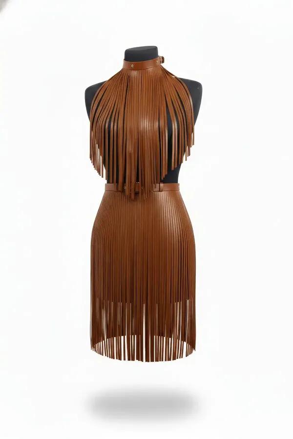 brown faux leather fringe harness top and midi skirt set with gold hardware on mannequin