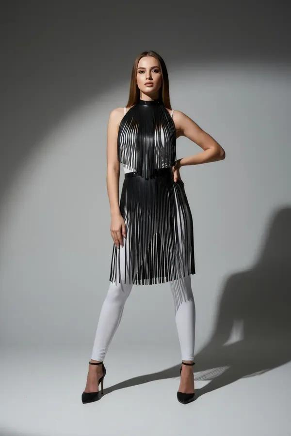 black faux leather fringe mock neck body harness overlay with double-tier cascading fringe strips to mid-thigh