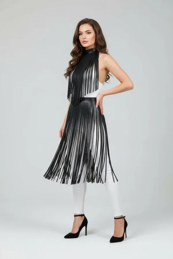 black faux leather fringe mock neck body harness overlay with double-tier cascading fringe strips to mid-thigh