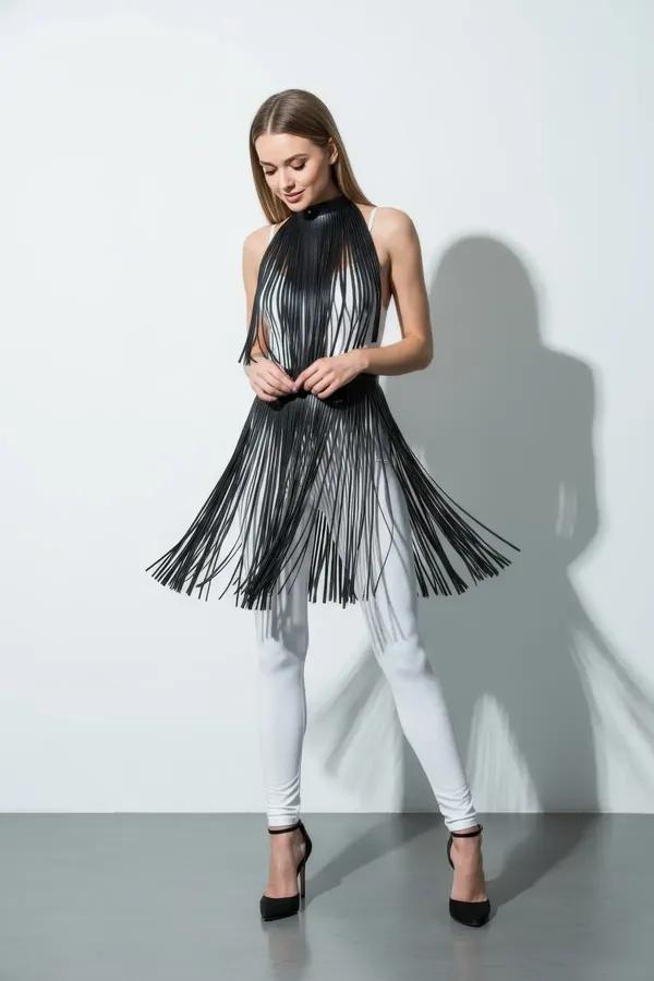 black faux leather fringe mock neck body harness overlay with double-tier cascading fringe strips to mid-thigh
