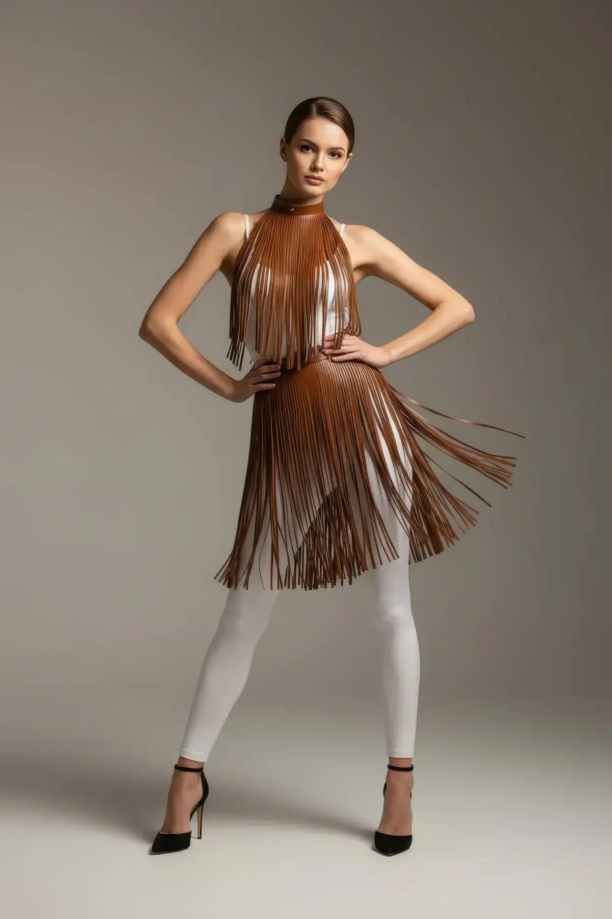 tan faux leather fringe halter top close-up showing individual 0.8 cm wide fringe strips and self-tie neck cord