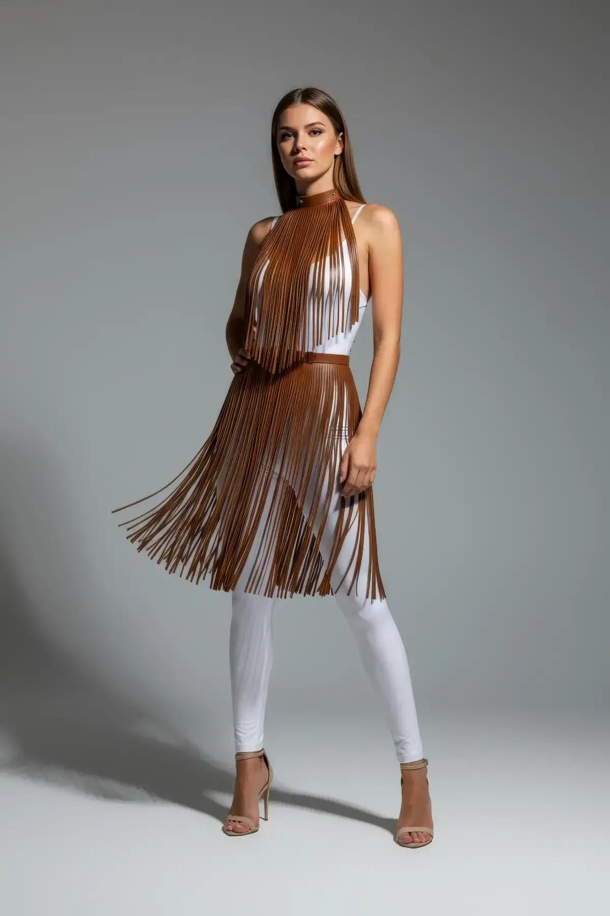 fringe waist skirt overlay harness in tan PU leather with gold-tone hook closure at waistband detail