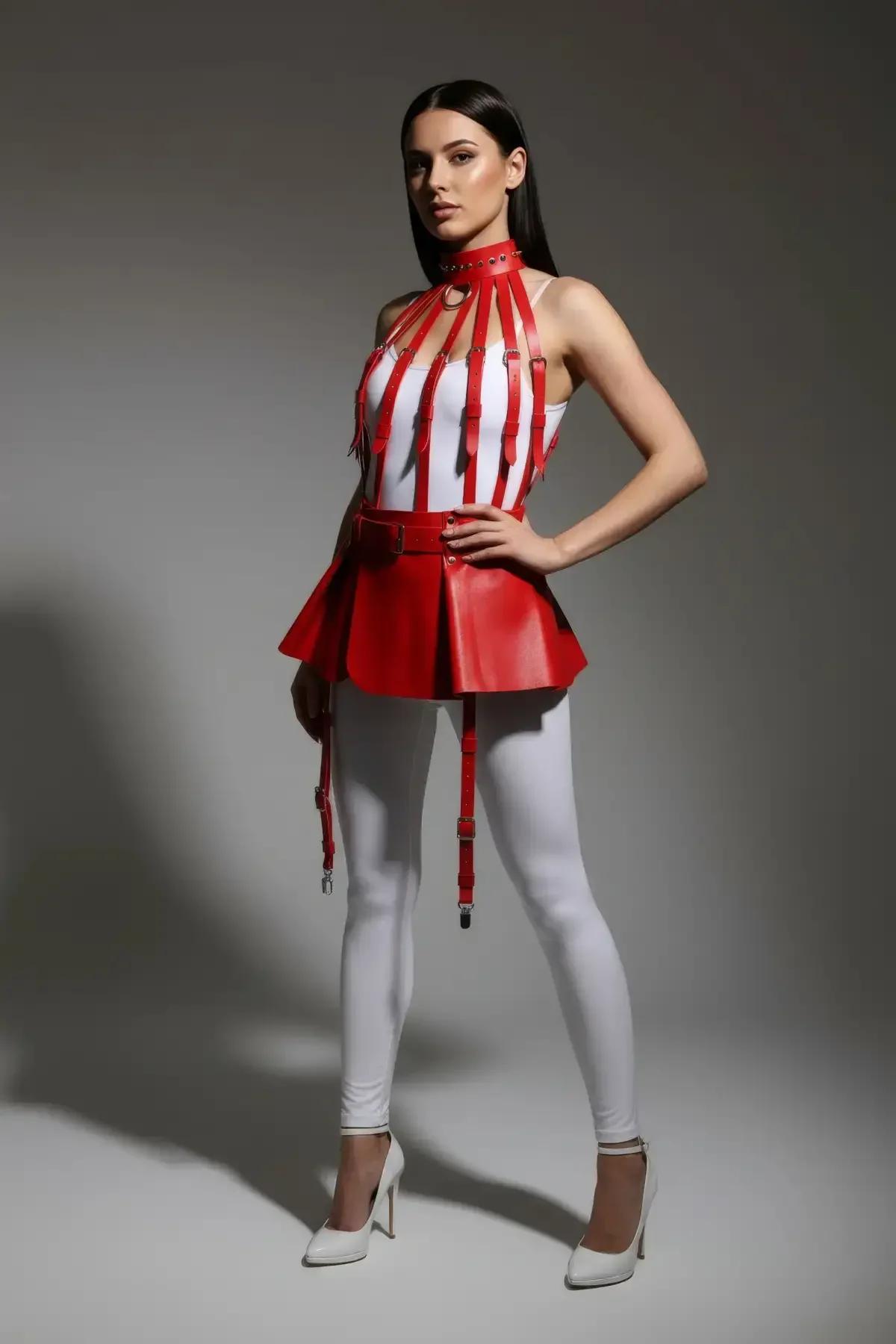 red faux leather peplum skirt with wide buckle waist belt and four detachable metal clip garter straps