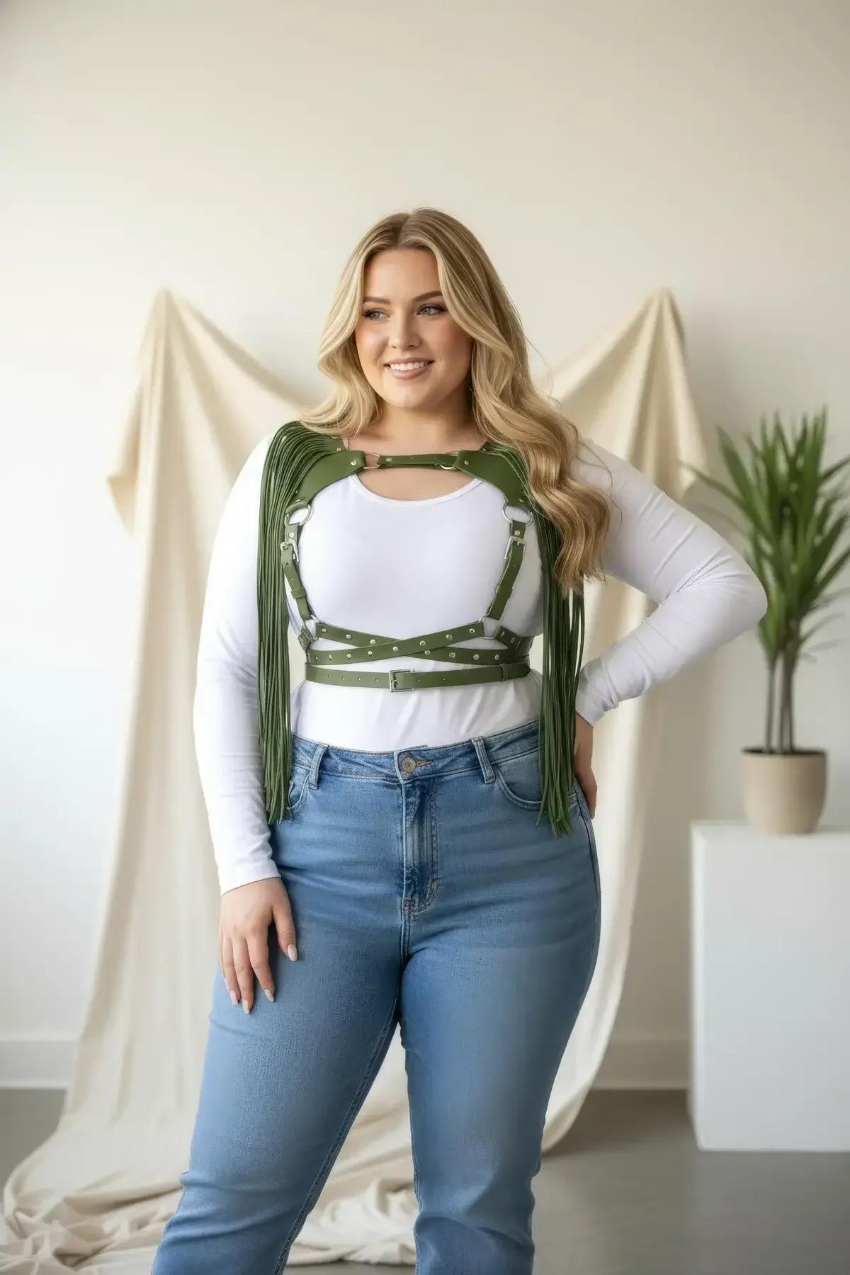 olive green fringed chest harness studded vegan leather straps silver buckles plus size model
