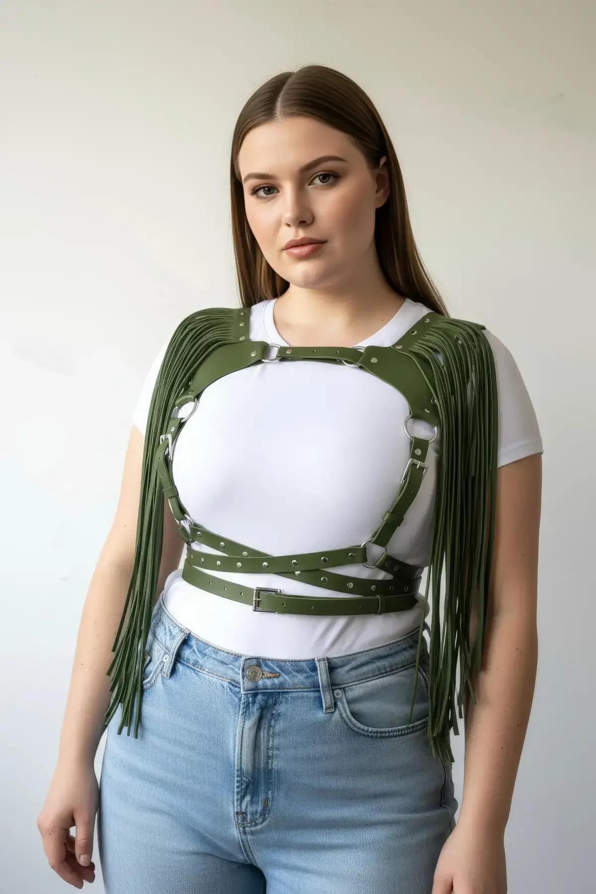 adjustable buckle closures on olive green fringe chest harness side angle view