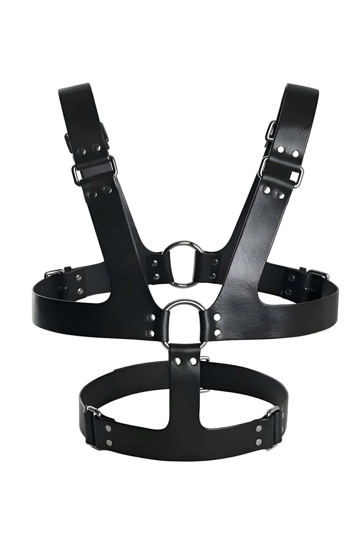 erkek siyah PU deri göğüs harness omuz askısı ve bel kemeri altın tokalı detay