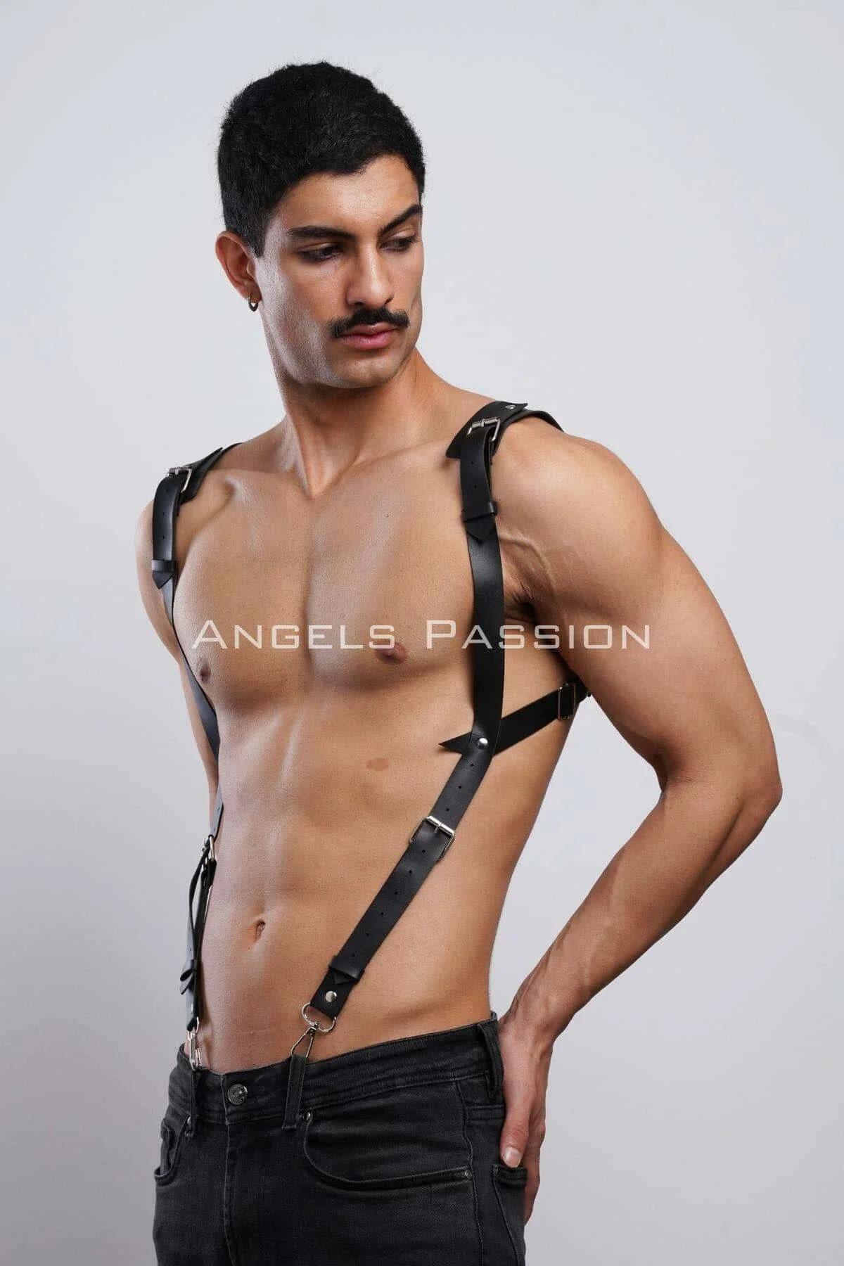 Alt klips ve D-halka detayı siyah vegan deri erkek harness