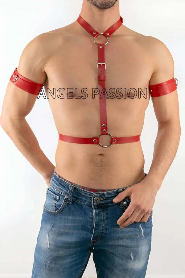 kırmızı suni deri erkek harness takımı gümüş O-ring ve pazu bantlı dört parçalı set