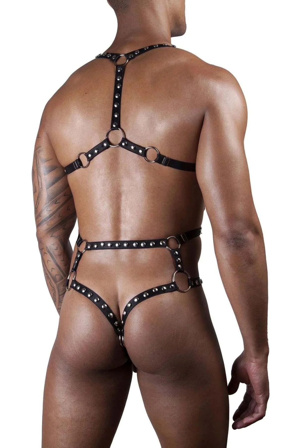 siyah erkek harness gümüş perçin sırası omuz bandı ön görünüm