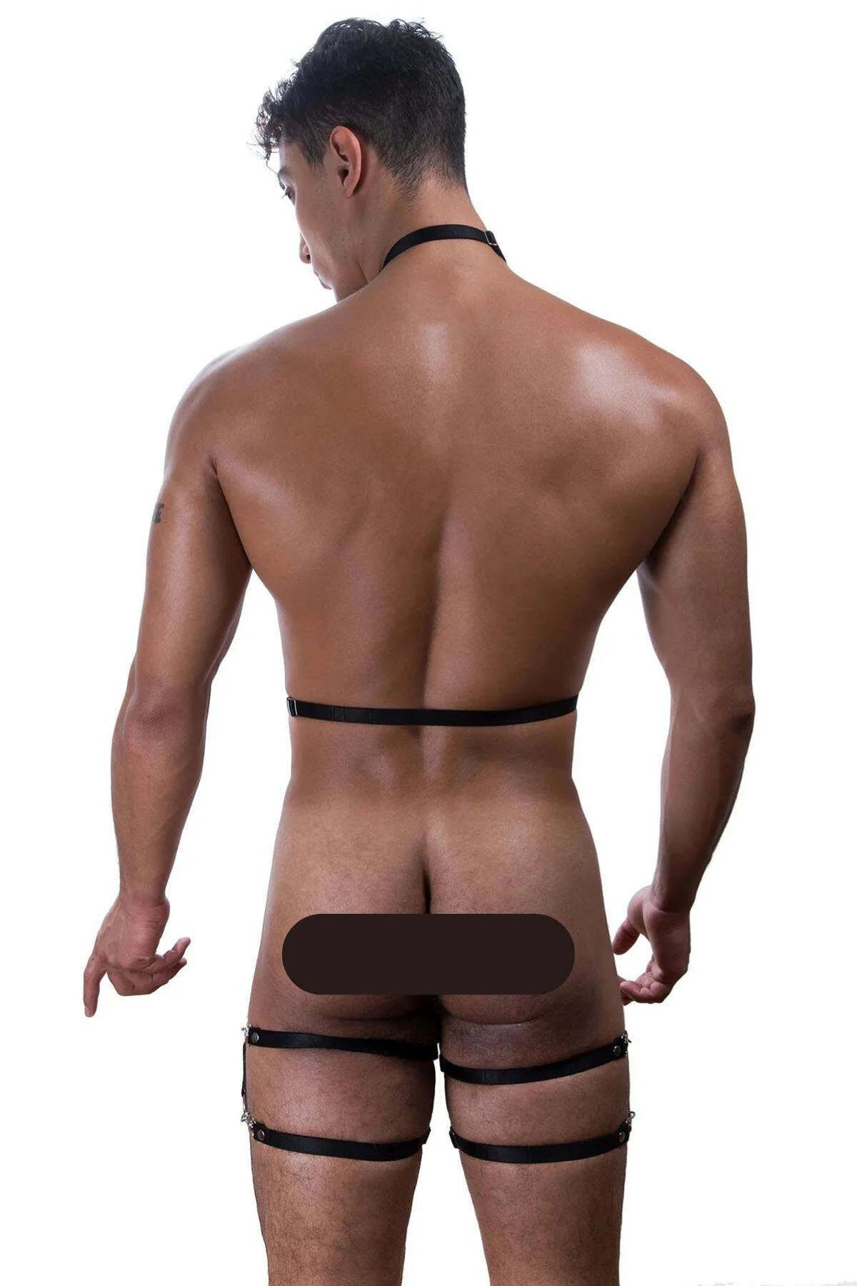 erkek siyah body harness zincirli choker yaka boyun bölümü detay
