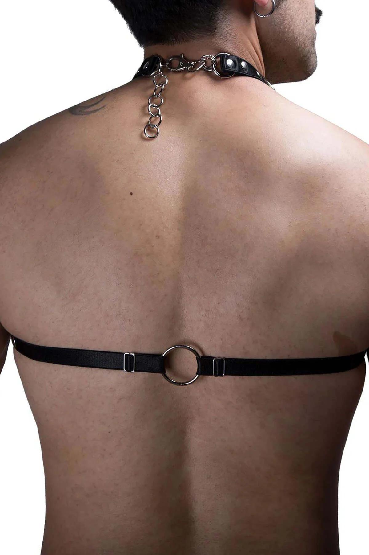 Ayarlanabilir tokolu siyah vegan deri erkek harness sol ve sağ O-halka görünümü