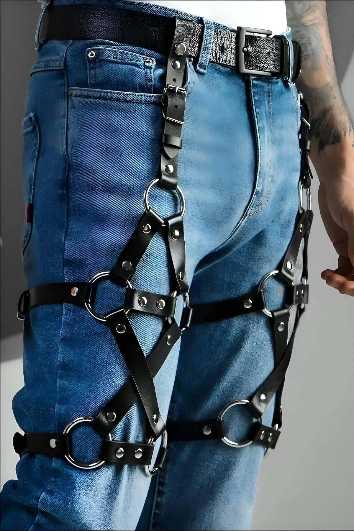 siyah PU deri uyluk harness geometrik üçgen kayış düzeni gümüş kaplama halkalar