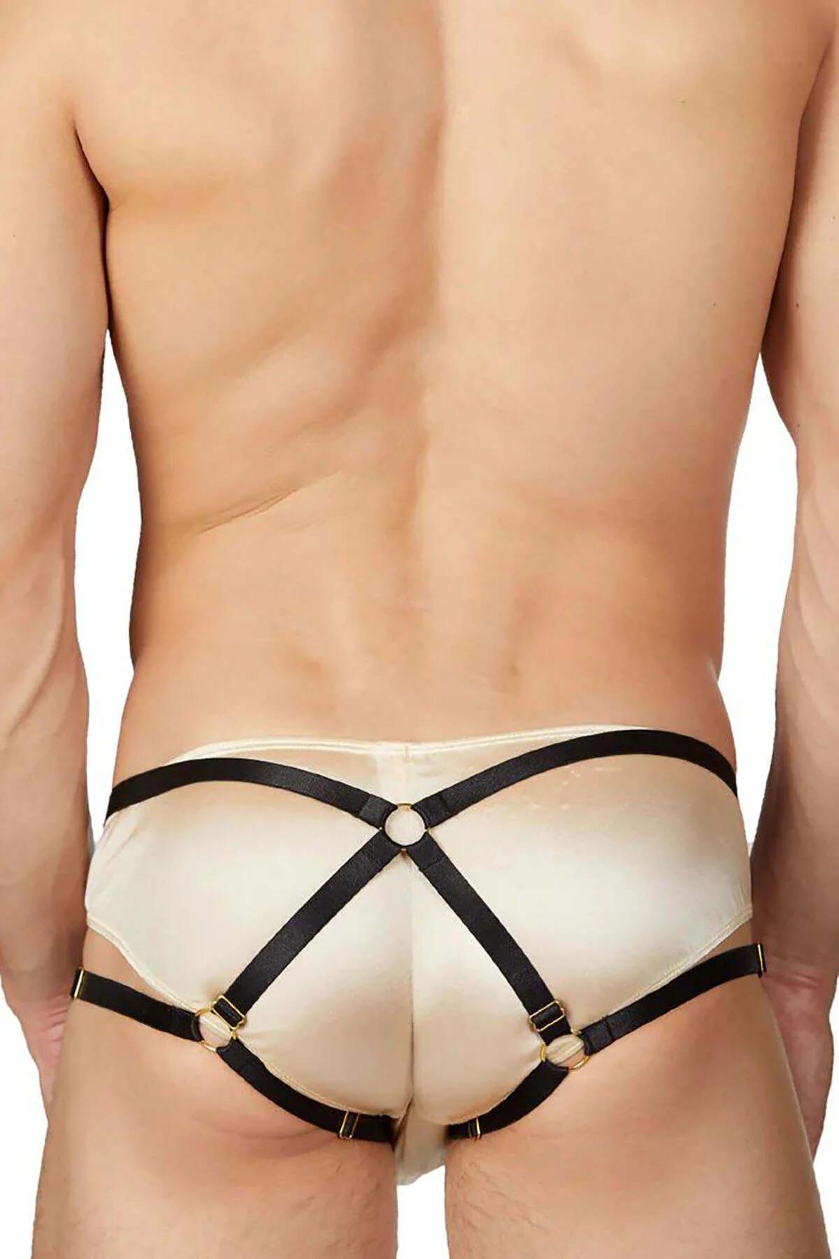 Erkek fantazi iç giyim krem renk saten slip harness bant detayı