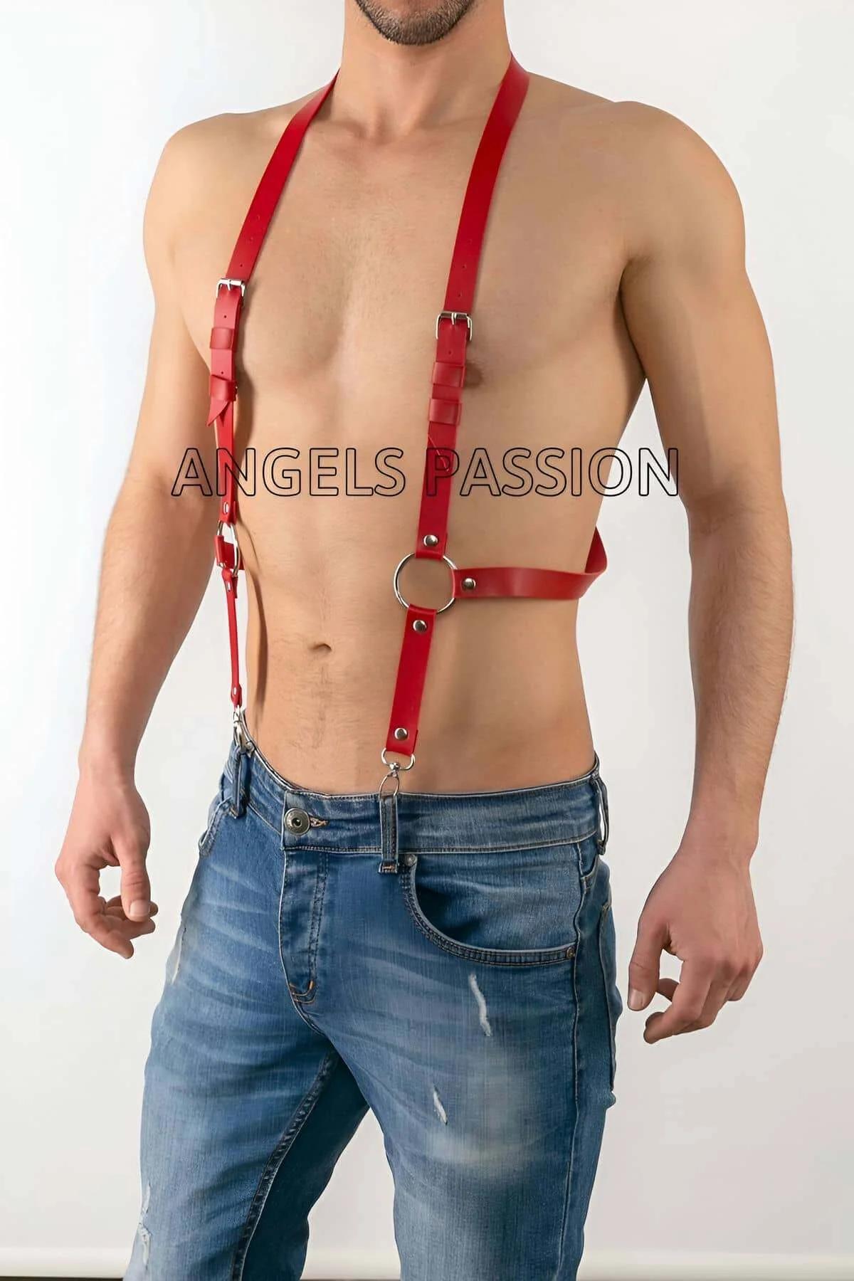 kırmızı deri suspender harness bel hizasında O-ring ve çapraz bant yapısı
