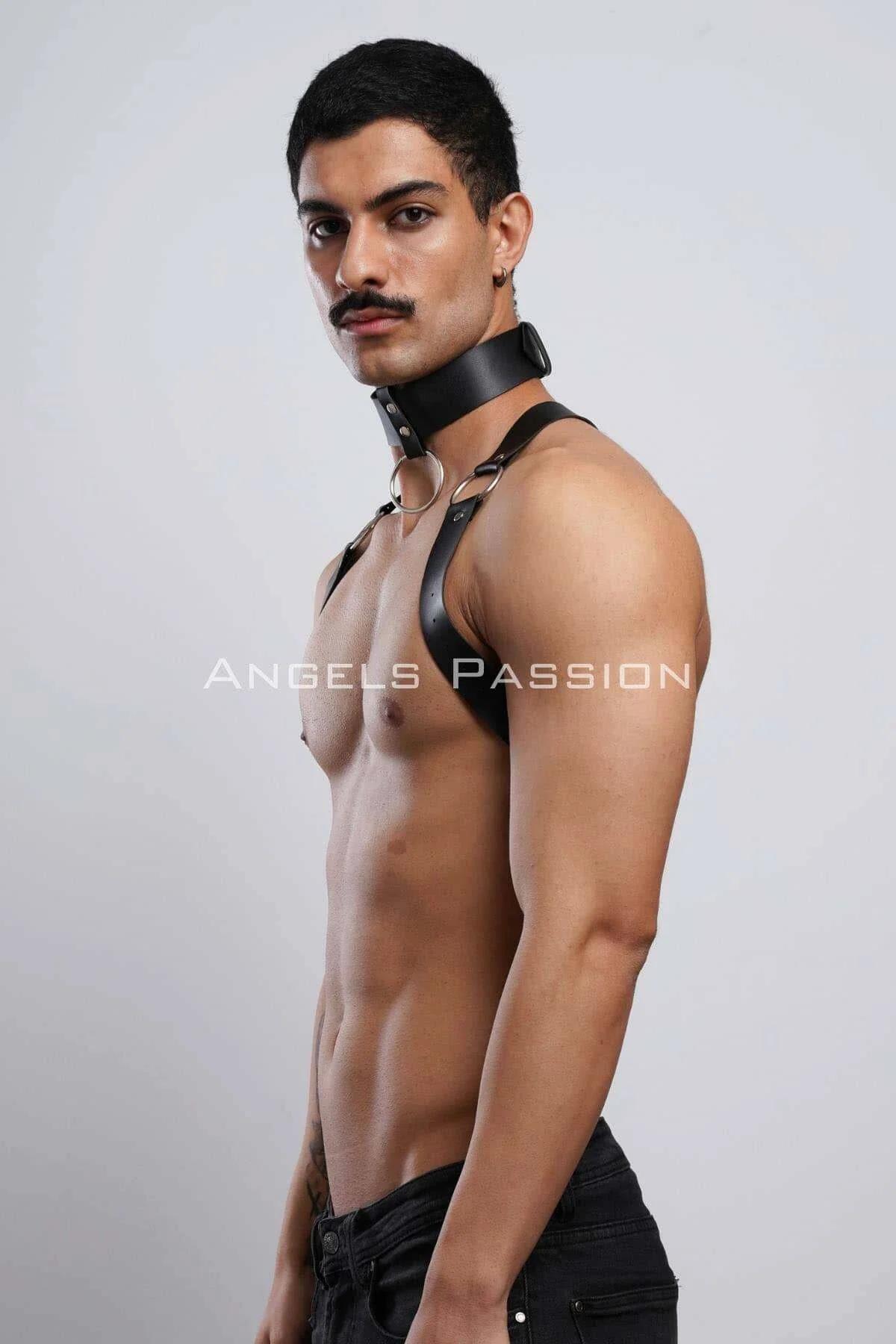 vegan deri erkek choker harness ayarlanabilir toka sistemi yakın çekim
