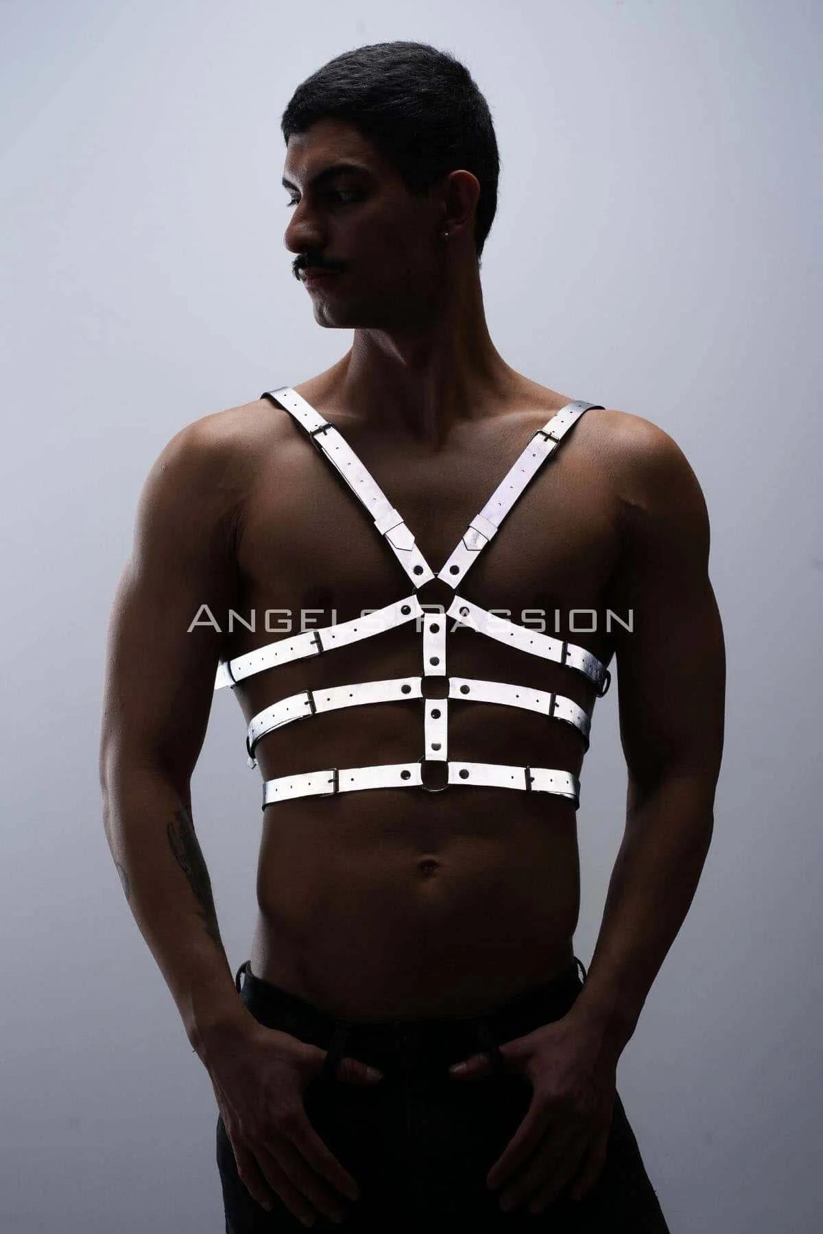 Karanlıkta parlayan erkek harness T-shirt üzeri kullanım, festival kostümü