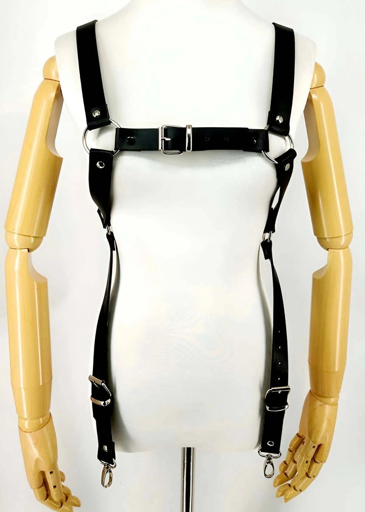 erkek vegan deri vücut harness çapraz bant D-ring yan bağlantı detayı