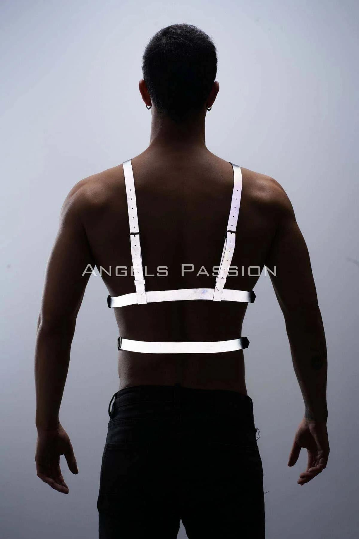 festival clubwear erkek harness beyaz vegan deri bant UV ışık etkisi
