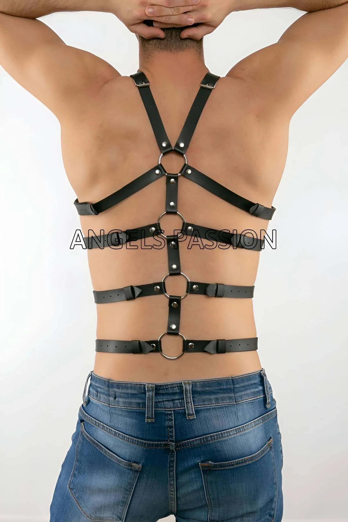 Siyah erkek harness omuz çapraz bant ve üst göğüs sabitleme bandı, gümüş donanım