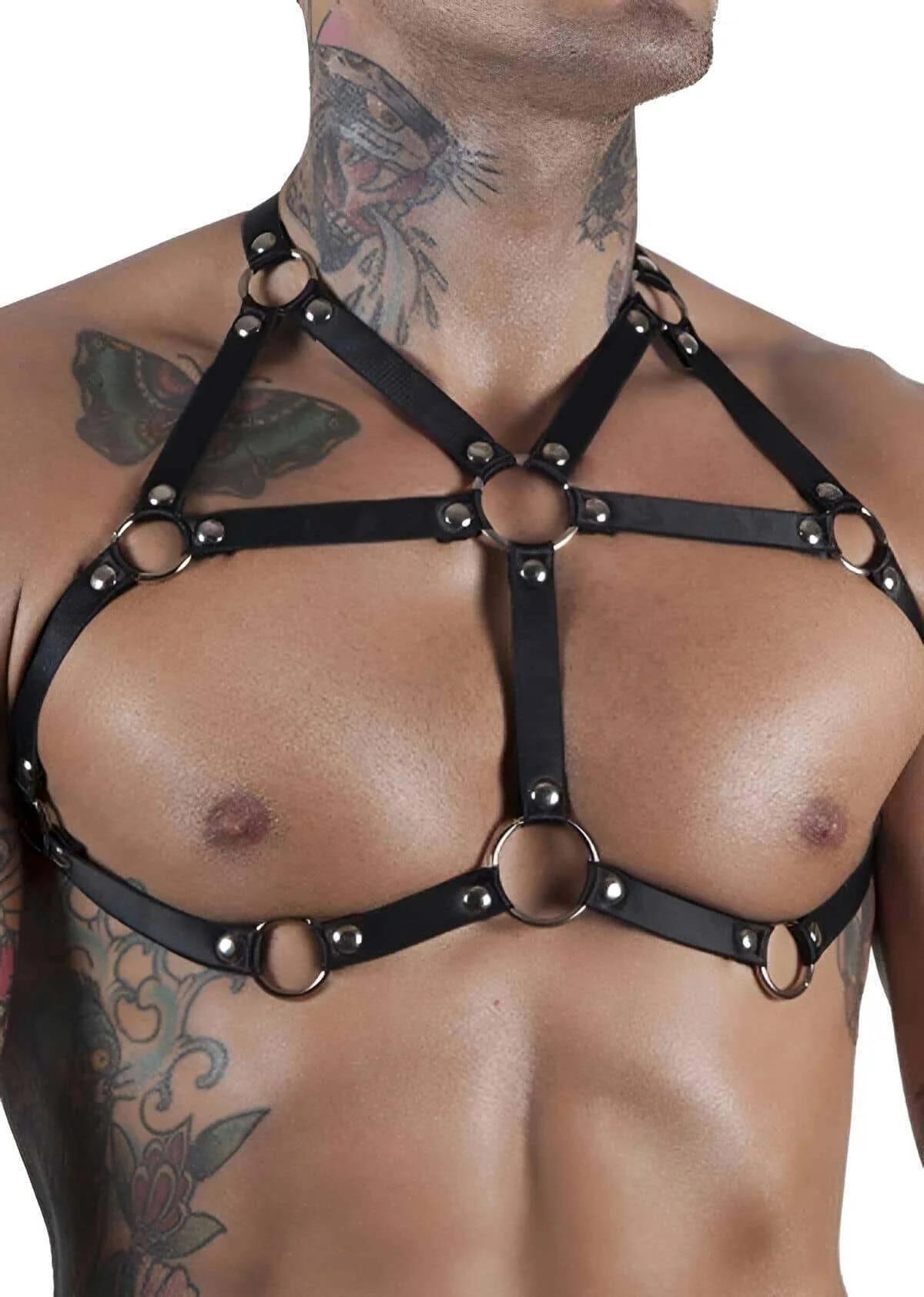 erkek harness siyah PU deri kayış gümüş metal halka ön görünüm