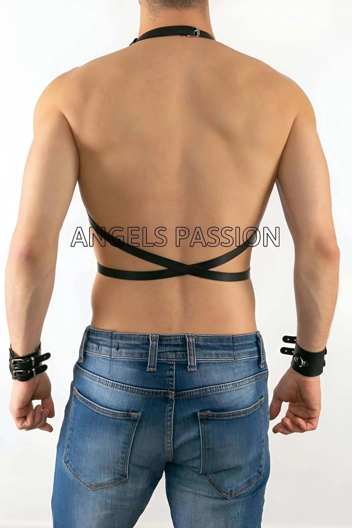 erkek göğüs üzeri harness suni deri bantlar 5 O-halka ön görünüm