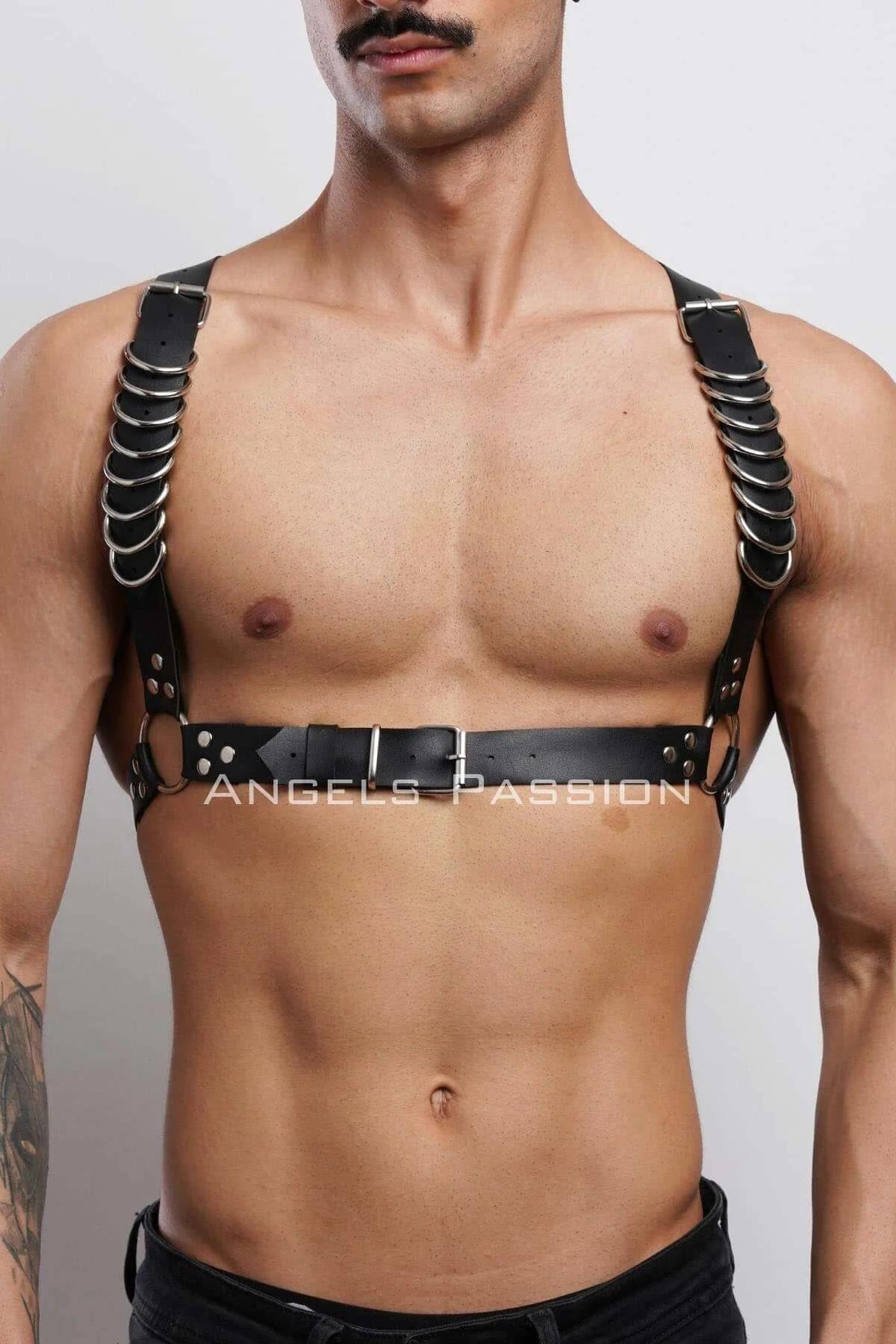 Erkek deri t-shirt aksesuar siyah göğüs harness bel bandı gümüş toka detayı