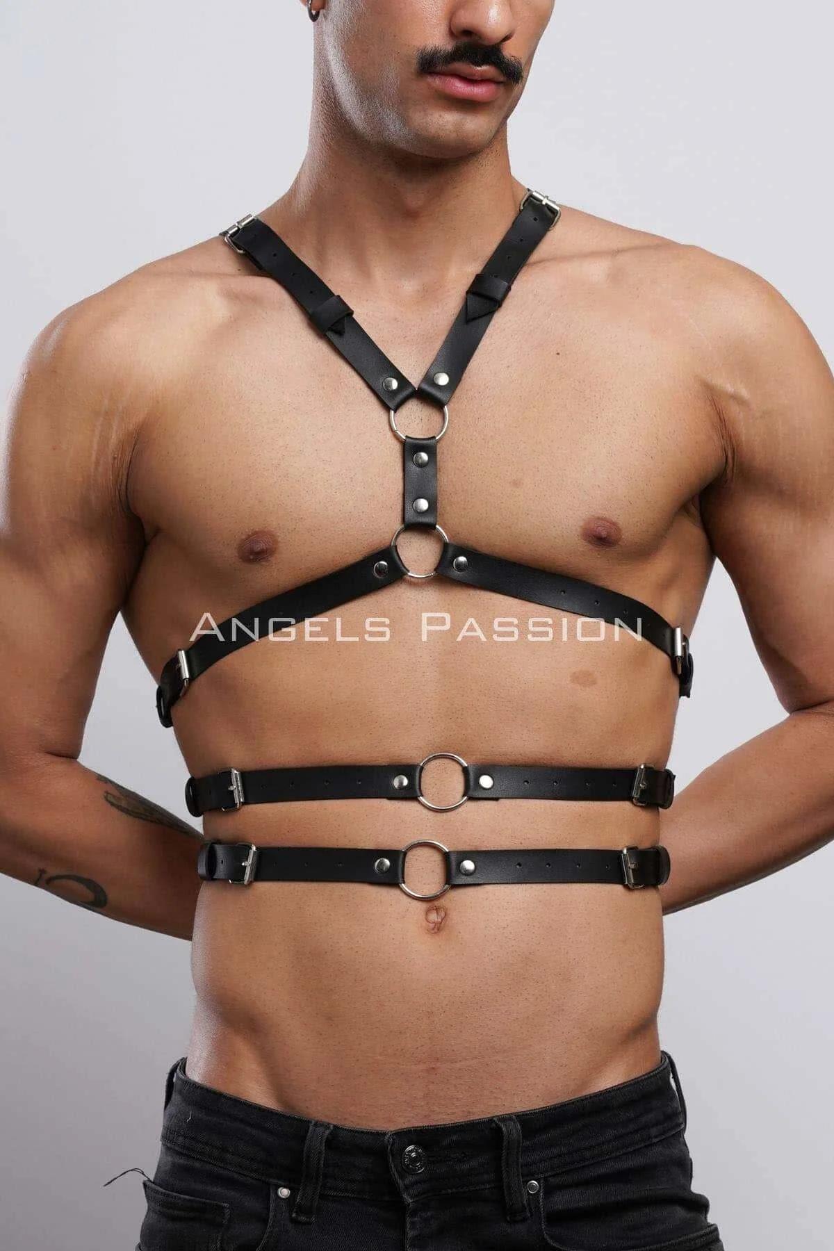Erkek fantezi harness siyah vegan deri yan profil kayış ve kafes görünümü