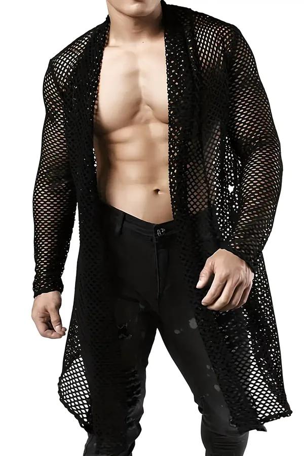 siyah file uzun kimono gömlek erkek clubwear açık ön kesim büyük kare file doku