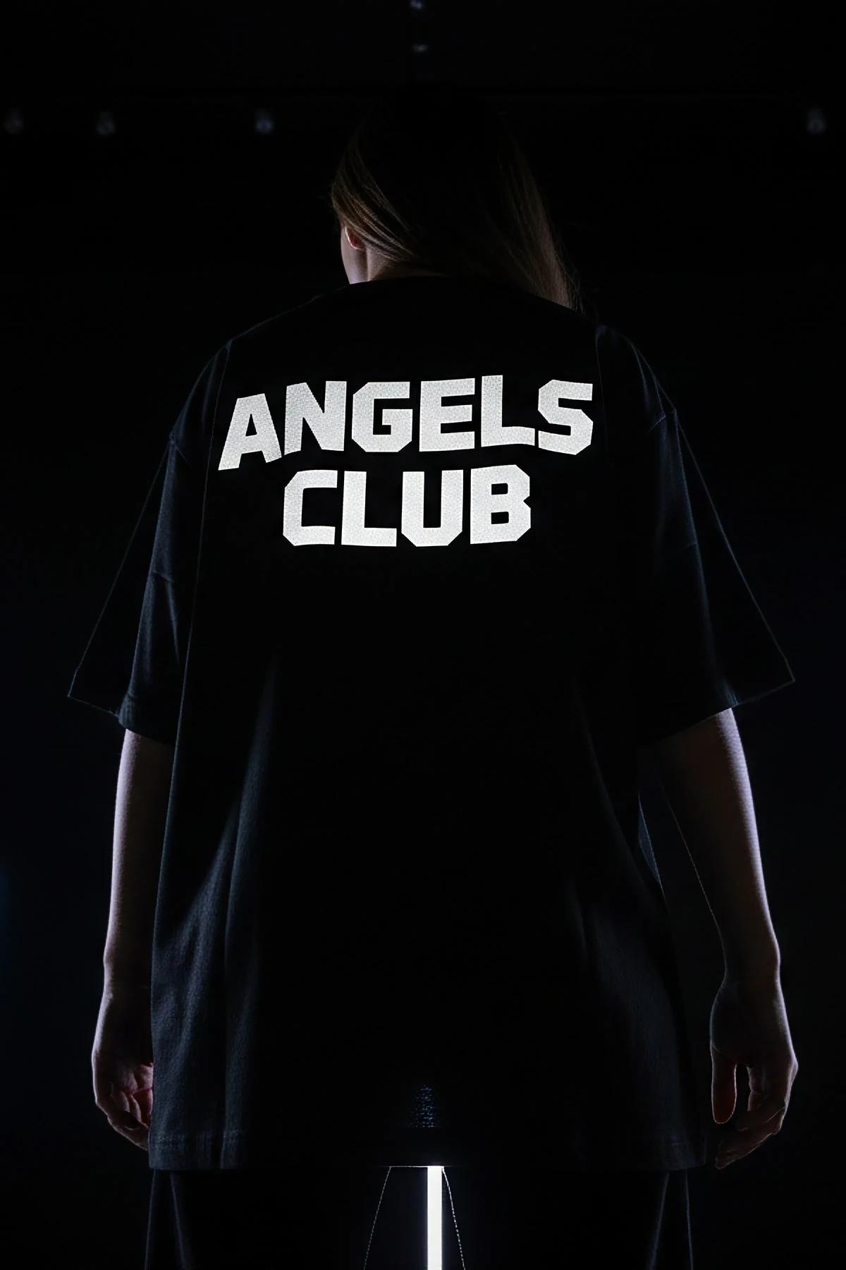black oversized t-shirt men reflective Angels Club chest print glowing silver-white dropped shoulder boxy fit