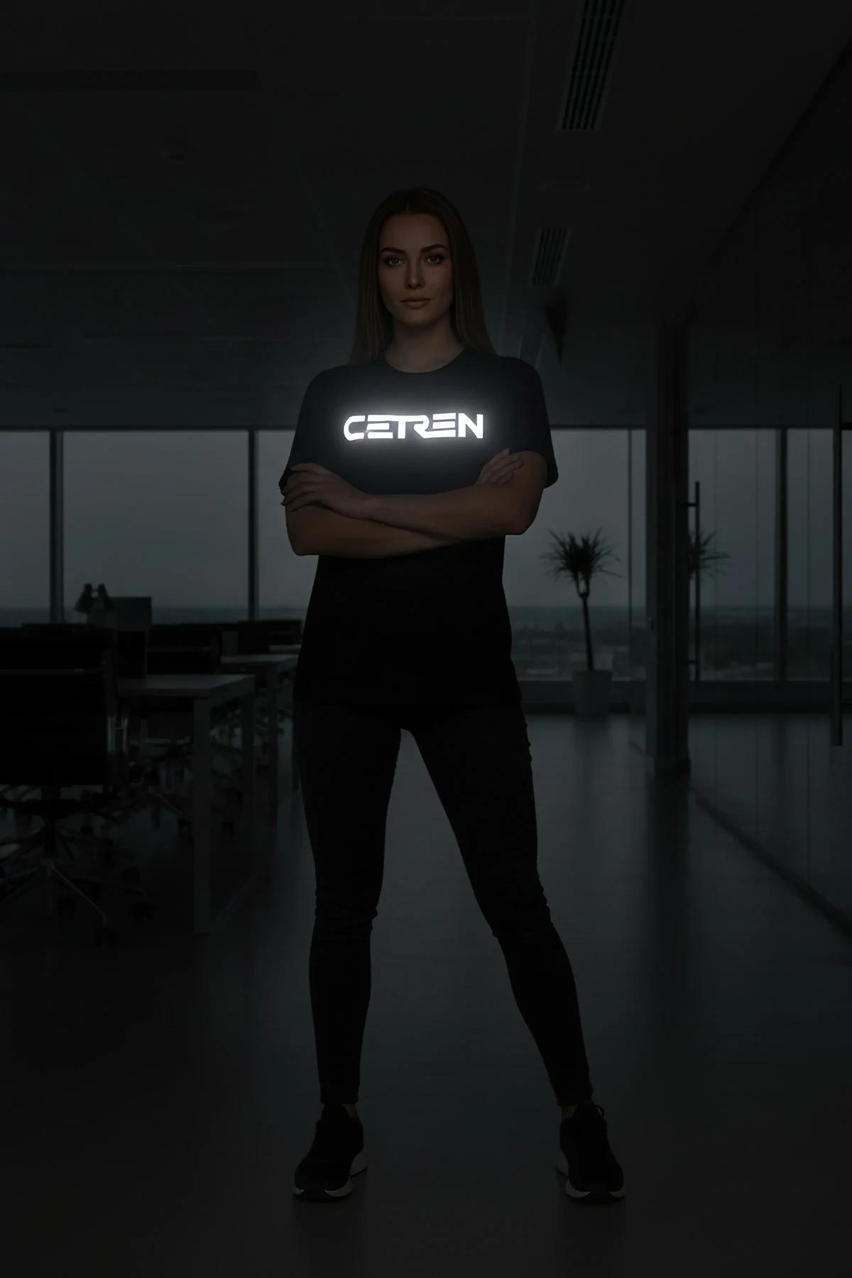front view black cotton t-shirt with retroreflective silver-white Dance Club typography on chest